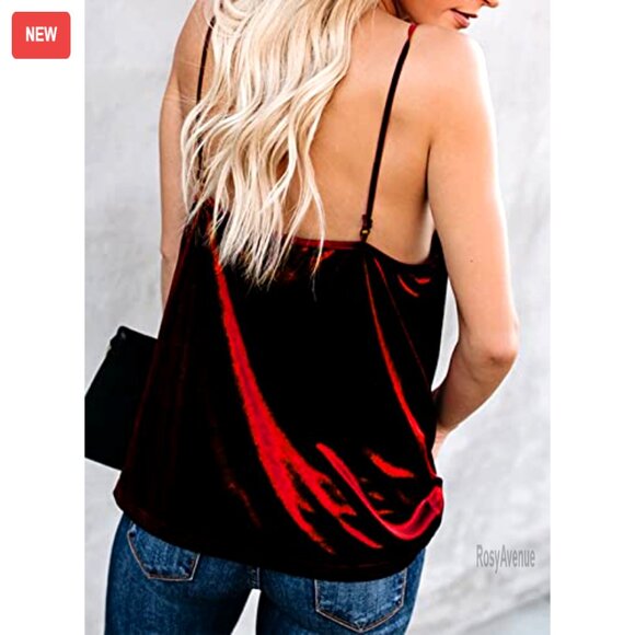 Velvet V-Neck Lace Cami Tank Top, Sexy Flare Style - Picture 3 of 7